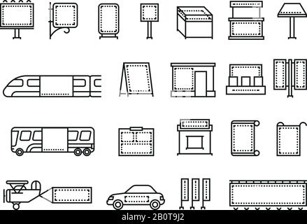 Outdoor advertising banners and transport advertise vector line icons. Advertisement billboard on transport, illustration of place for advertising Stock Vector