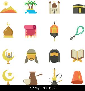 Arabic muslim culture vector icons. Arabian ramadan kareem Eid Mubarak holiday design. Color arabic muslim icons, illustration of eastern arabic Stock Vector