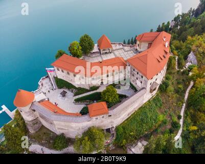 Aerial view of Bled Castle overlooking Lake Bled in Slovenia, Europe Stock Photo