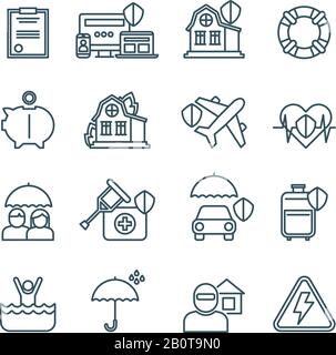 Life, house and car insurance thin line vector icons. Safety and Insurance linear signs for house and travel Stock Vector