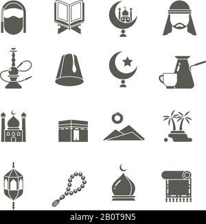 Muslim islamic middle east religion vector icons. Ramadan kareem pictograms. Traditional religious eastern, illustration of tradition religion arab Stock Vector