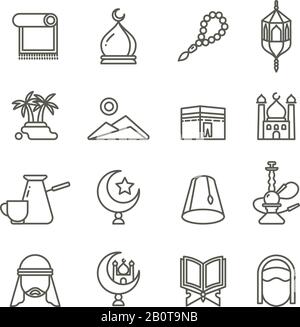 Islamic religion vector thin line icons. Set of religious islamic icons, illustration of oriental arabic islamic culture Stock Vector