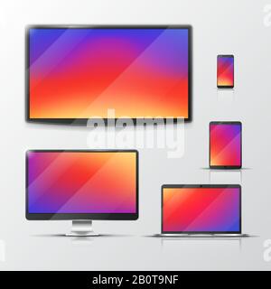 Tablet and laptop, mobile phone and pc. Monitor and tablet screen, illustration of mobile and laptop digital screen Stock Vector
