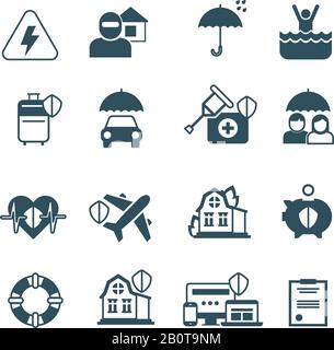Insurance vector icons. Protection and safety symbols. Insurance against fire, floods, illustration of insurance health Stock Vector