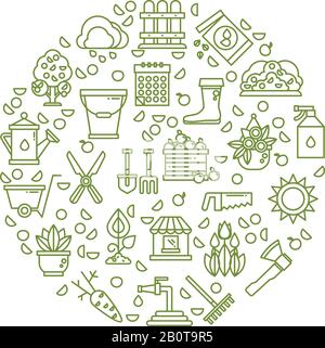 Farming equipment, planting, flowers, garden line vector icons. Gardening tool line badge, watering and trowel to garden illustration Stock Vector