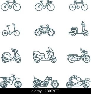 Motorbike, motorcycle, scooter, bike, bicycle thin line vector icons. Linear motorbike and bicycle, illustration of scooter and motor bike Stock Vector