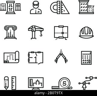 Architecture, building planning, house construction line vector icons set. Architecture line building, illustration of graphic plan building Stock Vector