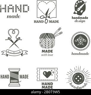 Vintage hipster handmade, hairstyle, handiwork vector badges, labels, logos. Workshop label set, illustration of hand made work shop Stock Vector