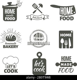 Retro kitchen cooking at home and handmade vector badges and logos. Home made cooking restaurant logo, illustration of label menu restaurant Stock Vector