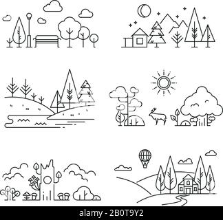 Nature landscape outline icons with tree, plants, mountains, river. River and mountain landscape, illustration of linear nature landscape Stock Vector