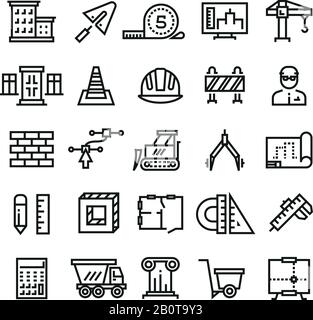 Construction industry, building house, architectural engineering and machinery thin line vector icons. Construction industry icons, illustration of house construction Stock Vector