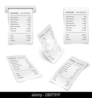 Cash shopping receipt, financial papers isolated vector set. Paper receipt and illustration of finance receipt order Stock Vector