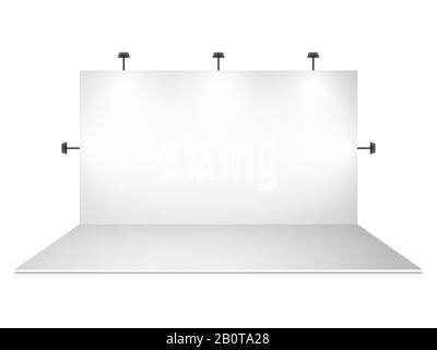Blank white trade show booth with lighting. Presentation display mockup vector illustration Stock Vector