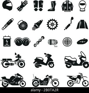 Racing motorcycle, motorbike parts and transportation vector icons. Black silhouette motorcycle, illustration of parts for motorcycle Stock Vector
