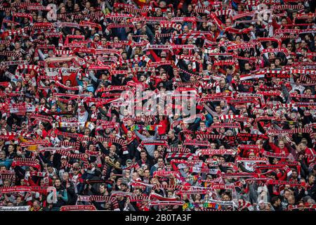 Koeln, Germany, RheinEnergieStadion, 16th Feb 2020: Fans of Cologne wave their scarves during the first Bundesliga match 1.FC Koeln vs. FC Bayern Muen Stock Photo