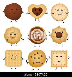 Cute cartoon funny cookies, bakery characters vector collection. Cartoon character happy cookie, illustration of sweet cookie with chocolate Stock Vector