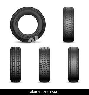 Realistic vector tires with different tread marks Auto black rubber tyre, illustration of car tyre for wheel Stock Vector