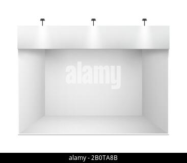 White 3d exhibition presentation stand, event room or empty booth vector illustration. Promotional empty show room, template of mockup front room presentation Stock Vector