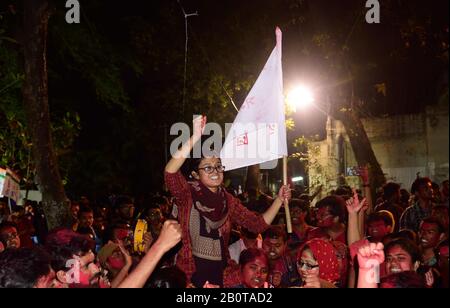 Kolkata, India. 20th Feb, 2020. Students celebrate the victory of Democratic Students Front candidates (DSF) as it maintained the legacy of four decades of winning all posts of Engineering Departments of Jadavpur University in Students Unions Election in Kolkata. Credit: SOPA Images Limited/Alamy Live News Stock Photo