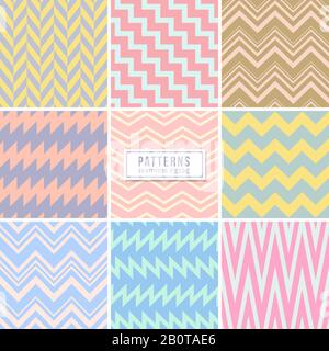 Cute wedding pink seamless vector patterns. Stylish background with zigzag lines. Colored zigzag pattern of set, illustration of vintage zig zag seamless background Stock Vector