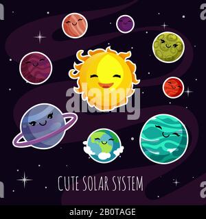 Cute and funny cartoon planets stickers of solar planetary system. Kids astronomy education vector. Set of colored planets in galaxy, illustration of cartoon planets Stock Vector