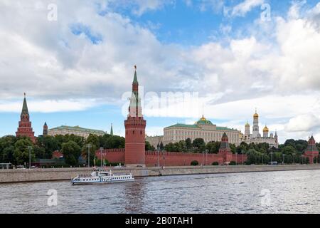 Moscow, Russia - July 08 2018: The Kremlin Wall with the Ivan the Great Bell-Tower, the Cathedral of the Archangel, the Cathedral of the Annunciation Stock Photo