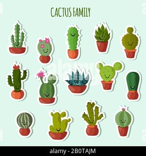 Funny plants vector collection. Cute cactus with happy faces garden patches or stickers. Set of blossom cactus in pot, illuystration of family cactus Stock Vector