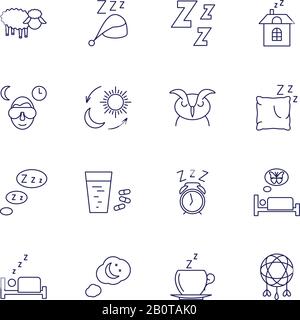 Sleeping icons isolated on white background. Relax and night rest vector signs. Relaxation and sleep in bedroom, illustration of dream and sleep pictogram Stock Vector