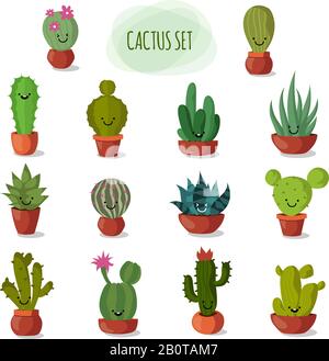 Funny and cute cartoon desert cactus in pots vector set. Floral cactus collection. illustration of funny garden cactus with face Stock Vector