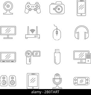 Gadgets and computer technology thin line vector icons. Technology gadgets of set, illustration of headphones and speakers equipment gadgets Stock Vector