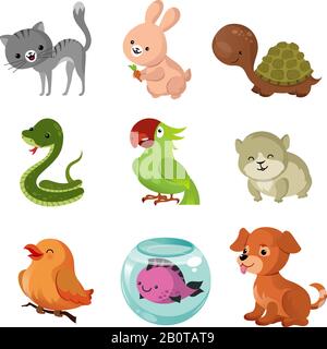 Pets domestic animals vector flat icons. Animal pets cartoon, collection of puppy character pet friend illustration Stock Vector