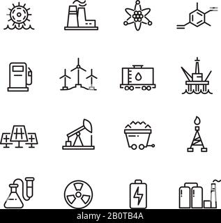 Energy industry and power factory modern industrial vector line icons. Set of power electricity factory, illustration of power energy linear icons Stock Vector