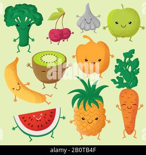 Happy cartoon fruits and garden vegetables with funny cute faces vector characters. Fruits smile face, illustration of character vegetable and fruit Stock Vector