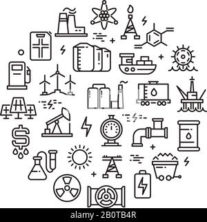 Energy, power and fuel vector line icons. Manufacture gas and oil badge, illustration of equipment industrial production oil Stock Vector