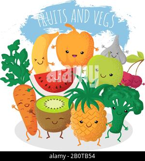 Group of funny fruit and vegetables friends. Vector characters with happy smiling faces. Natural fruits pineapple and cherry, vegetarian natural food broccoli and fresh carrot illustration Stock Vector