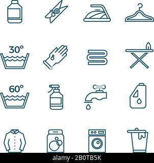 Clean laundry and dryer service vector line icons. Laundry icons set, illustration of temperature mode for laundry Stock Vector