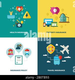 Insurance vector flat background concepts. Insurance banners, illustration of insurance travel and health Stock Vector