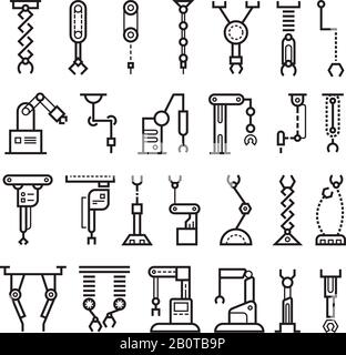 Manufacturing industrial robot, robotic arms vector line icons. Robotic industry manufacturing, illustration of technology robotic Stock Vector