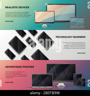 Advertising vector banners with computer screen, laptop and smartphone. Web banner with realistic device computer and laptop, illustration of technology banner Stock Vector