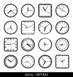 Digital wall clock faces, time vector icons set. Collection of clock equipment, illustration of clocks set Stock Vector