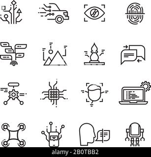 Neural network, artificial intelligence line vector icons. Face, speech and image recognition. Machine computer with artificial intelligence, illustration of neural connect with artificial intelligence Stock Vector