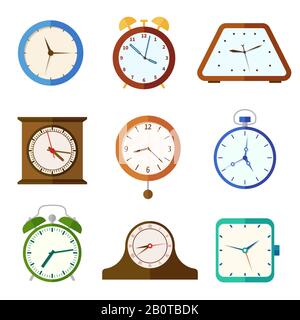 Wall clock and alarm clocks, time vector flat icons. Set of different clocks illustration Stock Vector