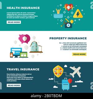 Business insurance, banking services and safety vector banners set. Insurance banners, illustration of protection and insurance service concept Stock Vector