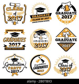 Vintage student graduate vector badges. Graduation celebration labels. Graduation celebration label, illustration of diploma and cap to ceremony Stock Vector