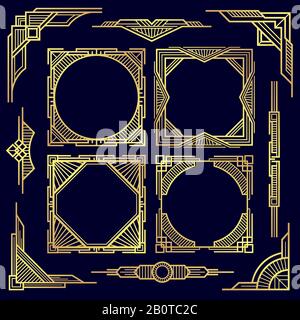 Classic vintage geometric frames and border, old deco art corners and design line elements vector set. Golden frame pattern illustration Stock Vector