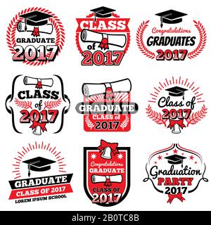 High school and college graduation, off to school vector logos and labels set. Graduation academy and illustration label to graduation college Stock Vector