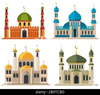 Arabic muslim mosques and minarets. Religious eastern architecture cartoon buildings. Islam architecture traditional, illustration of religious islam building Stock Vector