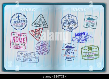 Open passport for foreign traveling. Pages with immigration vector icon set stamps. Personal passport with stamps arrived illustration Stock Vector