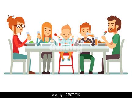 Happy big family eating dinner together vector illustration. Family together dining, mother father with children Stock Vector