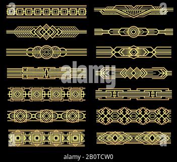 Art deco vector line borders set in 1920s graphic style. Vintage border pattern, illustration of frame golden baroque Stock Vector